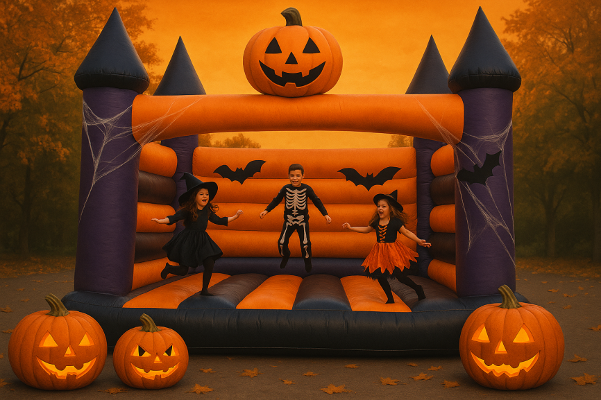 Kids in Halloween costumes enjoying a spooky-themed bouncy castle with pumpkins, bats, and cobweb decorations by Bizi Bouncers UK