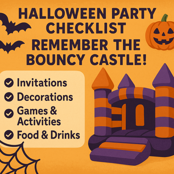 Halloween party checklist graphic by Bizi Bouncers UK featuring a purple and orange bouncy castle with bats, pumpkin, and spiderweb decorations.