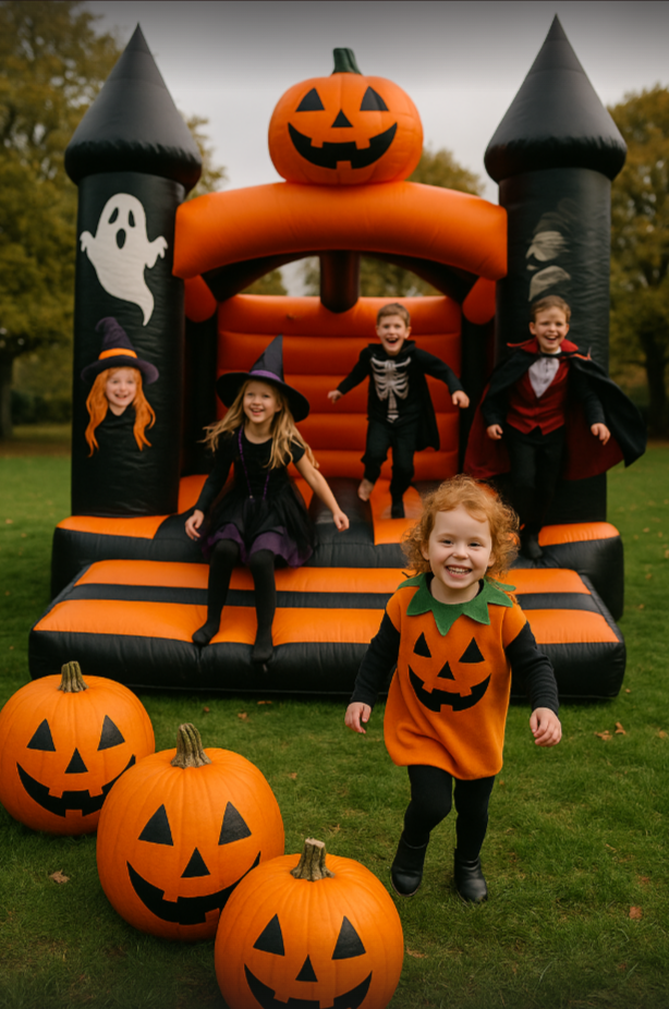 Children in Halloween costumes playing on a pumpkin-themed bouncy castle by Bizi Bouncers UK at a Halloween party