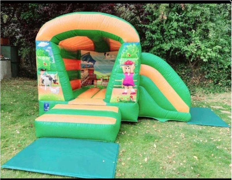 Green and orange farm-themed inflatable with slide set up outdoors, provided by Bizi Bouncers UK for Children's Party Planner Redbridge