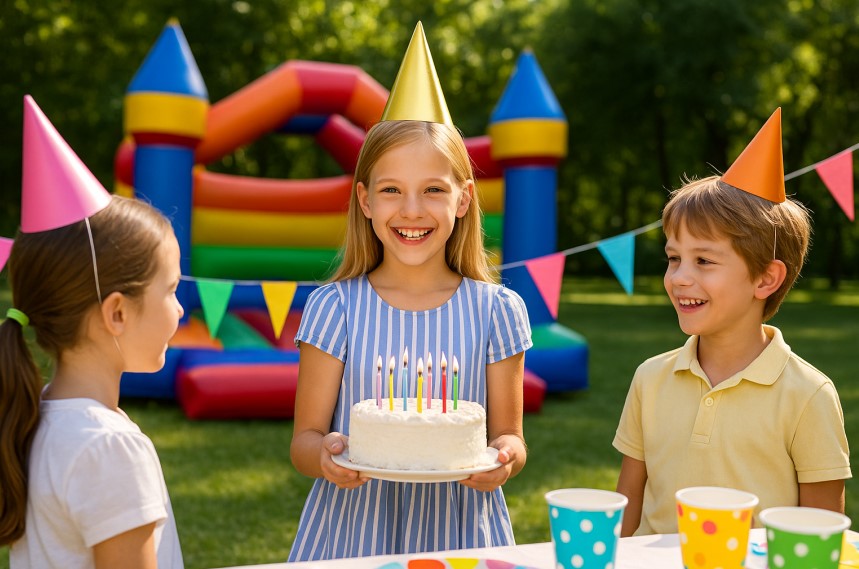 Garden Size & Space Requirements for Bouncy Castles in Chigwell Homes with children enjoying a birthday party in a garden bouncy castle set up by Bizi Bouncer UK