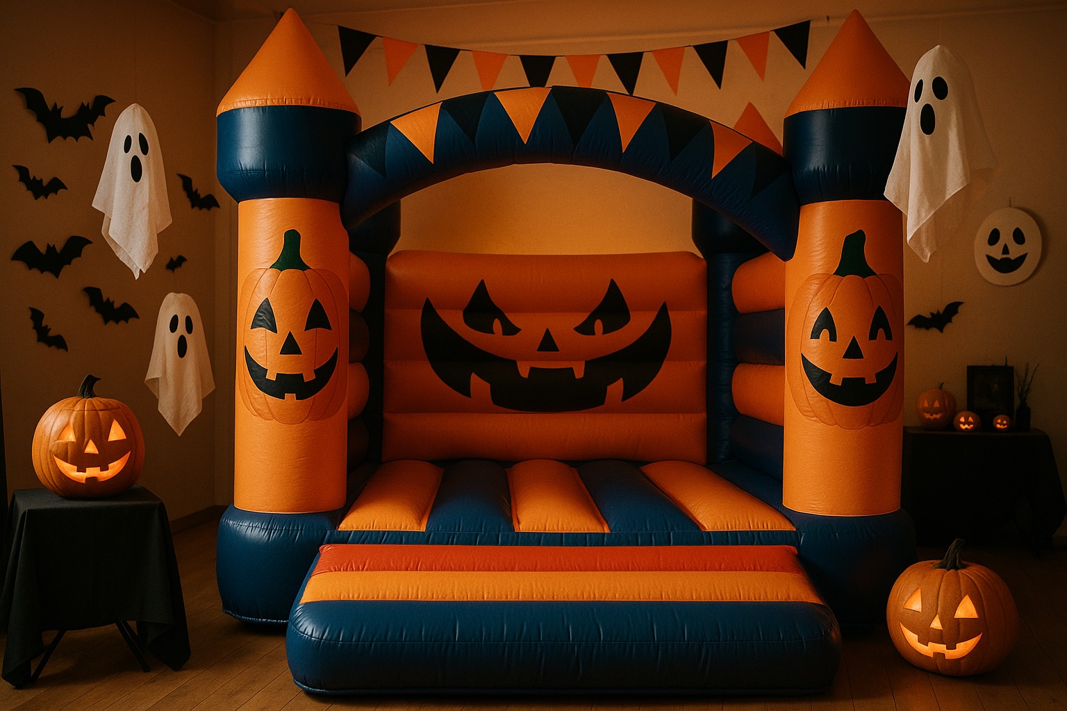 Halloween-themed orange and black bouncy castle decorated with pumpkins, ghosts, and bats, set up indoors by Bizi Bouncers UK