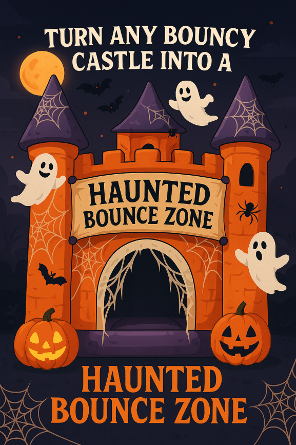 Illustration of a haunted-themed bouncy castle by Bizi Bouncers UK, decorated with ghosts, bats, pumpkins, spiders, and cobwebs under a full moon.