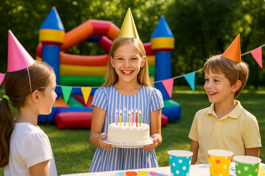 Kids Party with Bouncy Castle in East London Garden Children enjoying a birthday party with cake and a colorful bouncy castle in a sunny garden in Woodford Green, East London