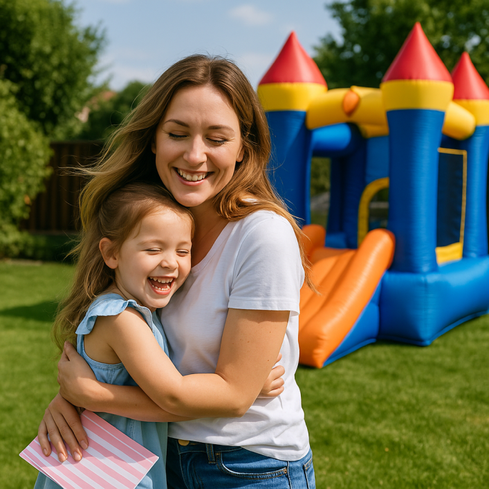 A smiling mum helping her young daughter prepare a backyard birthday party, surrounded by balloons and decorations.